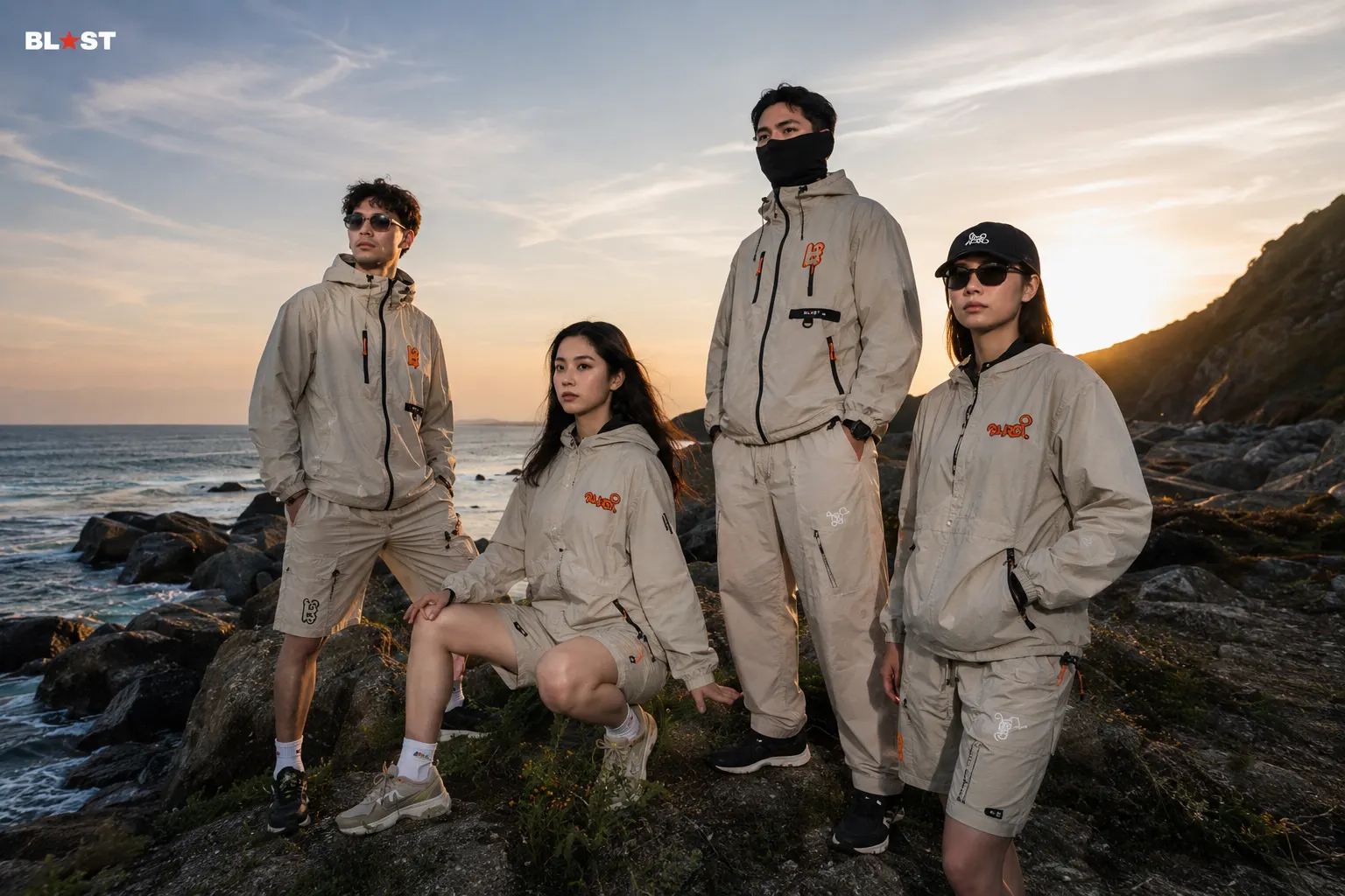 Four models in the bone shell kit on a rocky headland at sunset